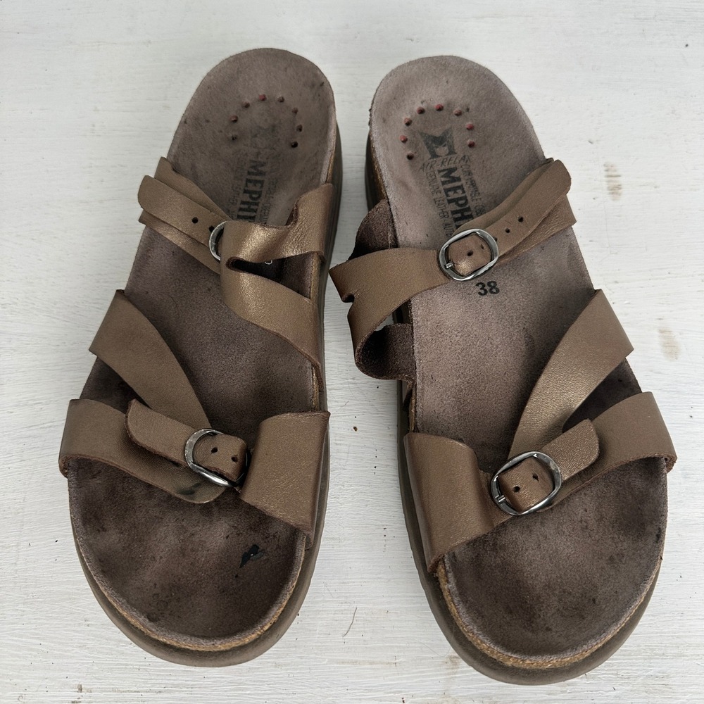 Mephisto Sandals Womens 38 Helen Bronze Metallic Leather Slide Adjustable Buckle